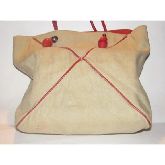 Bottega Veneta Beige BOHO Canvas Fabric With Red Braided Leather